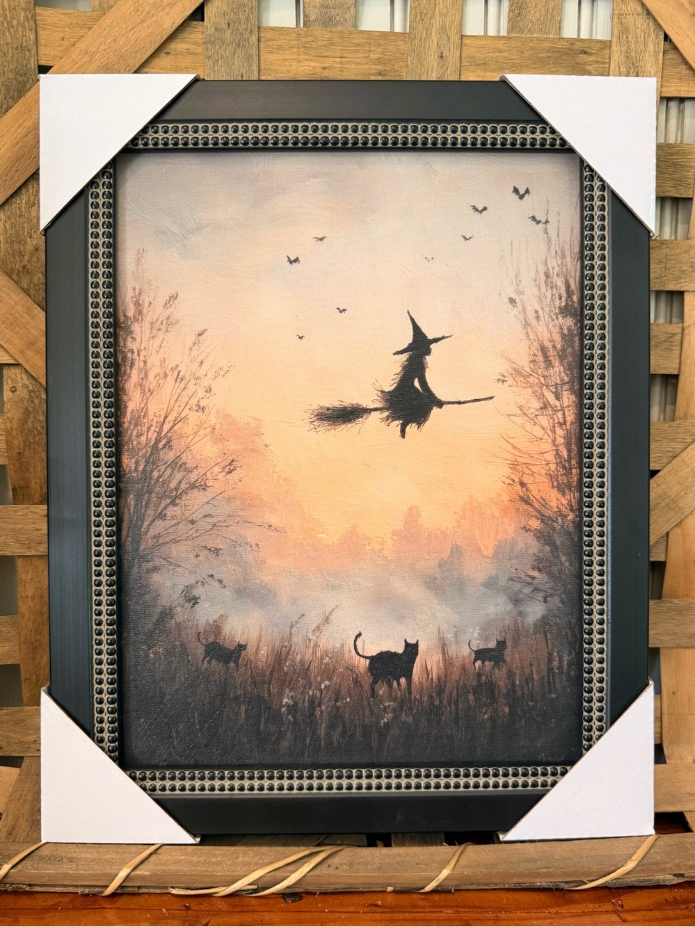 Witch & Black Cats Framed Wall Art - Sunset Silhouette Halloween Decor